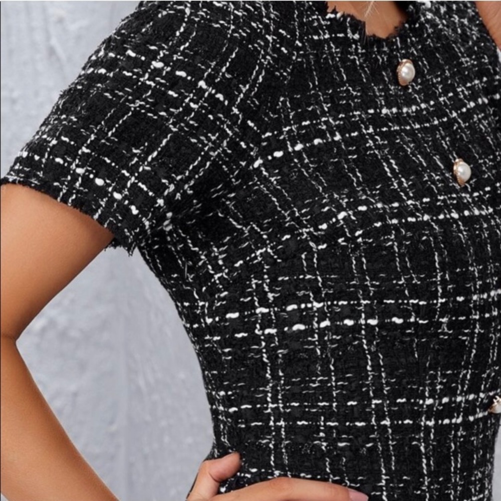 Black and White Tweed Pearl Button Dress